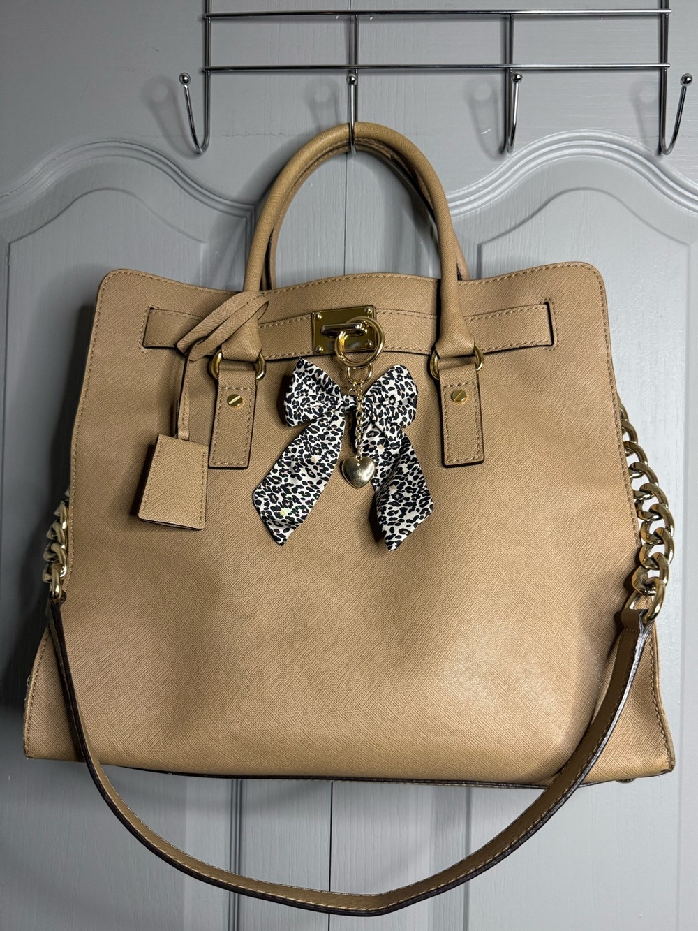 Beige Michael Kors Bag with Leopard Bow Accent